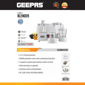 Geepas 4-in-1 Food Processor & Juicer GSB2031 | Multi-Functional Smoothie Maker, Juicer, Compact Electric Blender, Chopper & Grinder | 1.6L Jar | 2 Years Warranty