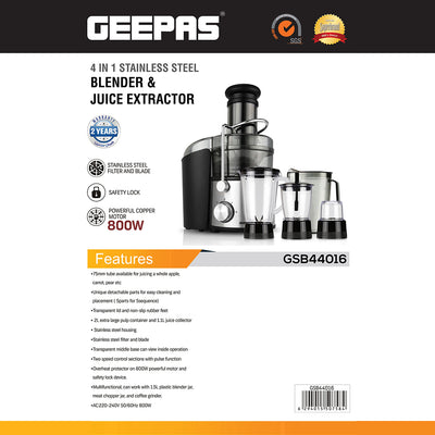 Geepas GSB44016 4-in-1 Stainless Steel Blender & Juice Extractor | 800W Motor | 2 Speed with Pulse | 2L Pulp Container | 1.1L Juice Cup | 1.5L Jar | 2 Years Warranty
