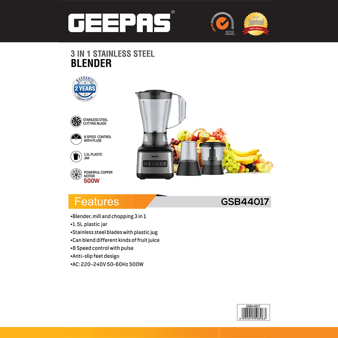 Geepas GSB44017 500W 3 in 1 Stainless Steel Blender - 8 Speed Control |1.5L Plastic jar| 4 Sharp Blades & 2 Blending Preset Juicer| Anti-Slip feet Design| 2 Year Warranty