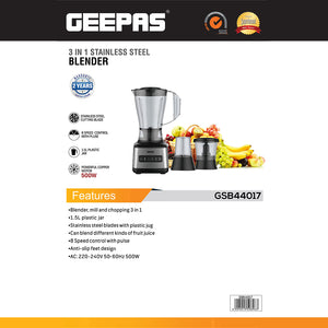 Geepas GSB44017 500W 3 in 1 Stainless Steel Blender - 8 Speed Control |1.5L Plastic jar| 4 Sharp Blades & 2 Blending Preset Juicer| Anti-Slip feet Design| 2 Year Warranty