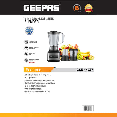 Geepas GSB44017 500W 3 in 1 Stainless Steel Blender - 8 Speed Control |1.5L Plastic jar| 4 Sharp Blades & 2 Blending Preset Juicer| Anti-Slip feet Design| 2 Year Warranty