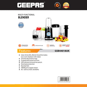 Geepas GSB44018UK Multi-Functional Blender | 380W | 2-Speed| Pulse Control | Ice Crusher, Smoothie Maker, Grinder | LED Indicator & Overheat Protection|2 Years Warranty