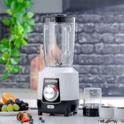 Geepas 2-in-1 Blender- GSB44027T/ 600 W, Powerful Motor with 2 Speed Setting and Pulse/ Transparent Jars with Stainless Steel Blade, Grinder Attachment White and Black