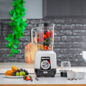 Geepas 2-in-1 Blender- GSB44027T/ 600 W, Powerful Motor with 2 Speed Setting and Pulse/ Transparent Jars with Stainless Steel Blade, Grinder Attachment White and Black
