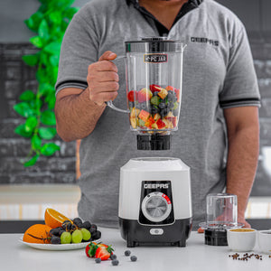Geepas 2-in-1 Blender- GSB44027T/ 600 W, Powerful Motor with 2 Speed Setting and Pulse/ Transparent Jars with Stainless Steel Blade, Grinder Attachment White and Black