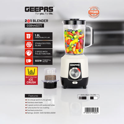 Geepas 2-in-1 Blender- GSB44027T/ 600 W, Powerful Motor with 2 Speed Setting and Pulse/ Transparent Jars with Stainless Steel Blade, Grinder Attachment White and Black