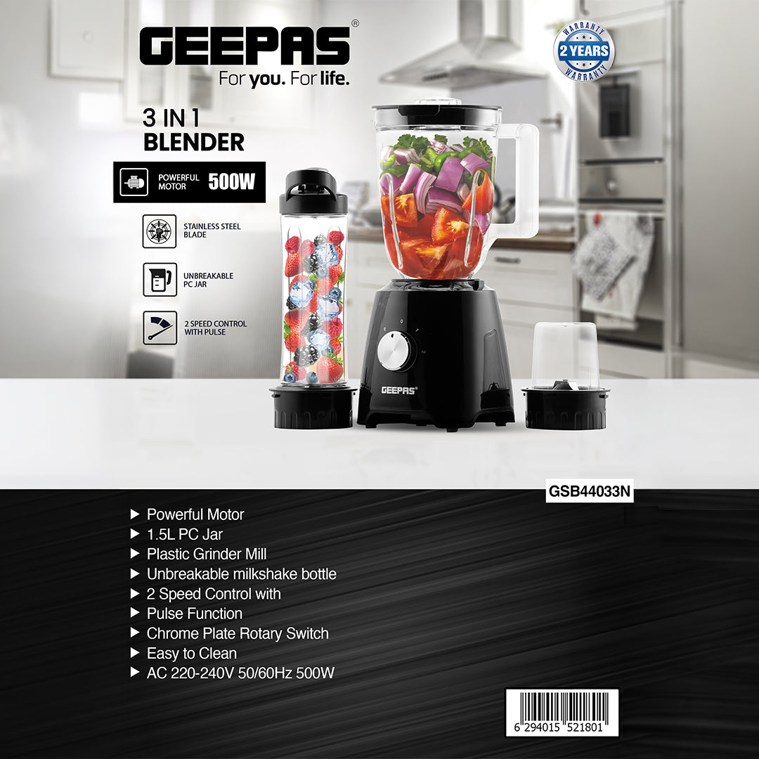 Geepas 3-in-1 Super Blender | 2 Speed and Pulse Function | GSB44033 | 1.5L & 500ml BPA Jar | Blender for Smoothie, Milkshake |Coffee/Spice Grinder Mill & Food Jug Blender