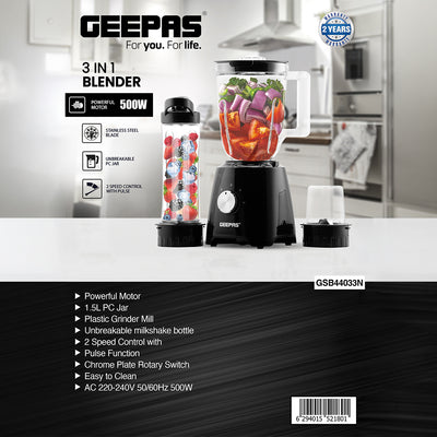 Geepas 3-in-1 Super Blender | 2 Speed and Pulse Function | GSB44033 | 1.5L & 500ml BPA Jar | Blender for Smoothie, Milkshake |Coffee/Spice Grinder Mill & Food Jug Blender