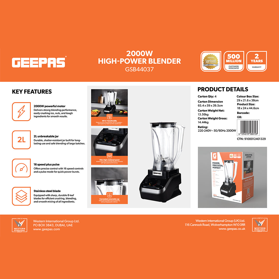 Geepas GSB44037 2000W High-Power Blender | 2L Unbreakable Jar| 16 Speed Control with Pulse| Stainless Steel Blade for Smoothies, Ice Crushing & Daily Food Preparation