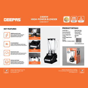 Geepas GSB44037 2000W High-Power Blender | 2L Unbreakable Jar| 16 Speed Control with Pulse| Stainless Steel Blade for Smoothies, Ice Crushing & Daily Food Preparation