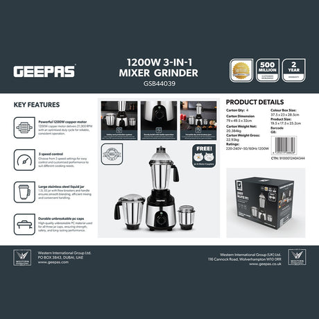 Geepas GSB44039 1200W 3-in-1 Mixer Grinder |  3-Speed Control  |Large 1.5L Stainless Steel Liquid Jar | Versatile 3-Jar Design  |Durable Unbreakable PC Caps |Stable Base