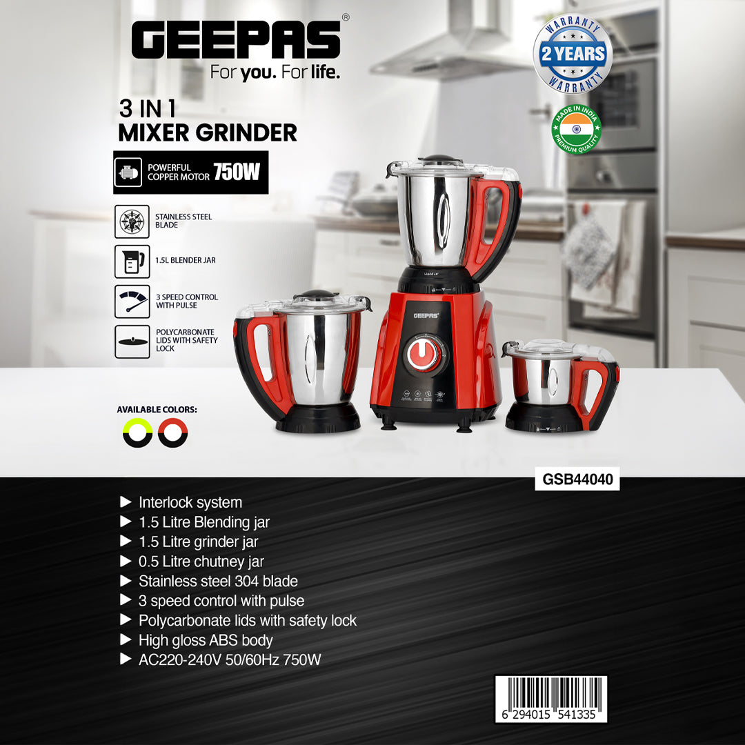 Geepas 3-in-1 Mixer Grinder GSB44040 | 750W Copper Motor, 3 Speed + Pulse Function | 1.5L Blending Jar |  1.5L Grinder Jar & 0.5L Chutney Jar | Wet & Dry Grinding