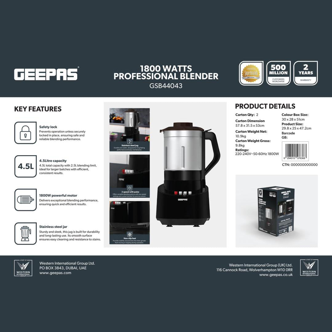 Geepas GSB44043 1800W Professional Blender | 4.5L Capacity | Stainless Steel Jar | 2 Speed Control with Pulse Function | Safety Lock  | Perfect for Home & Commercial Use
