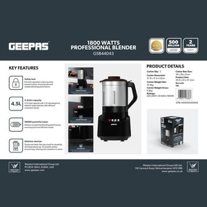 Geepas GSB44043 1800W Professional Blender | 4.5L Capacity | Stainless Steel Jar | 2 Speed Control with Pulse Function | Safety Lock  | Perfect for Home & Commercial Use