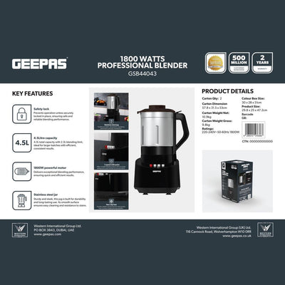 Geepas GSB44043 1800W Professional Blender | 4.5L Capacity | Stainless Steel Jar | 2 Speed Control with Pulse Function | Safety Lock  | Perfect for Home & Commercial Use