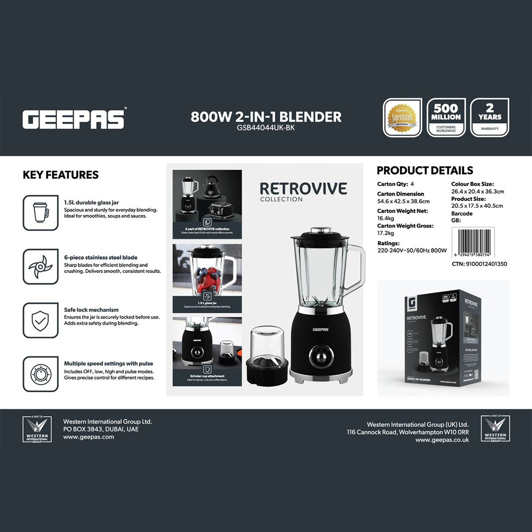 Geepas GSB44044UK-BK 800W 2-in-1 Blender with Grinder | 1.5L Glass Jar | Stainless Steel Blades | Multiple Speed Control | Reliable & Durable Design | 2-Years Warranty