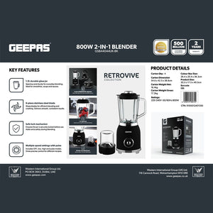 Geepas GSB44044UK-BK 800W 2-in-1 Blender with Grinder | 1.5L Glass Jar | Stainless Steel Blades | Multiple Speed Control | Reliable & Durable Design | 2-Years Warranty