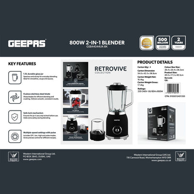 Geepas GSB44044UK-BK 800W 2-in-1 Blender with Grinder | 1.5L Glass Jar | Stainless Steel Blades | Multiple Speed Control | Reliable & Durable Design | 2-Years Warranty