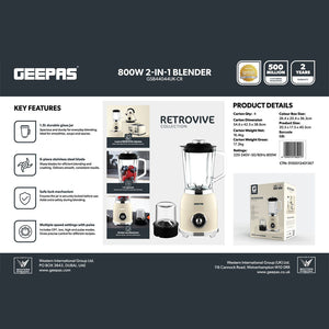 Geepas GSB44044UK-CR 800W 2-in-1 Blender with Grinder | 1.5L Glass Jar | Stainless Steel Blades | Pulse Speed Control and Stylish NordiQ Design for Home Kitchens