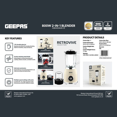 Geepas GSB44044UK-CR 800W 2-in-1 Blender with Grinder | 1.5L Glass Jar | Stainless Steel Blades | Pulse Speed Control and Stylish NordiQ Design for Home Kitchens