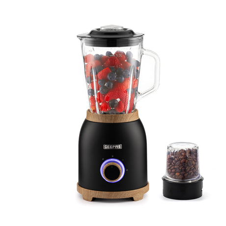 Geepas  GSB44045UK-BK 800W 2-in-1 Blender with Grinder | 1.5L Glass Jar | Stainless Steel Blades | Pulse Speed Control | Perfect for Smoothies, Spices & Daily Kitchen Use