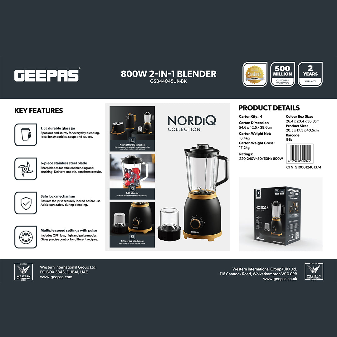 Geepas  GSB44045UK-BK 800W 2-in-1 Blender with Grinder | 1.5L Glass Jar | Stainless Steel Blades | Pulse Speed Control | Perfect for Smoothies, Spices & Daily Kitchen Use