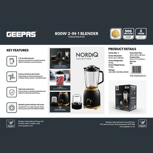 Geepas  GSB44045UK-BK 800W 2-in-1 Blender with Grinder | 1.5L Glass Jar | Stainless Steel Blades | Pulse Speed Control | Perfect for Smoothies, Spices & Daily Kitchen Use
