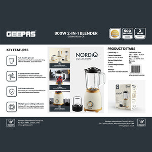 Geepas GSB44045UK-CR 800W 2-in-1 Blender with Grinder | 1.5L Glass Jar | Stainless Steel Blades | Pulse Control and Stylish NordiQ Design for Daily Home Kitchen Use