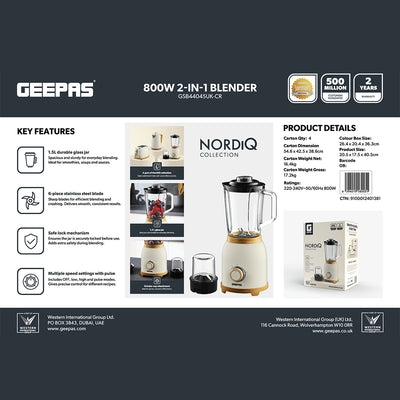 Geepas GSB44045UK-CR 800W 2-in-1 Blender with Grinder | 1.5L Glass Jar | Stainless Steel Blades | Pulse Control and Stylish NordiQ Design for Daily Home Kitchen Use