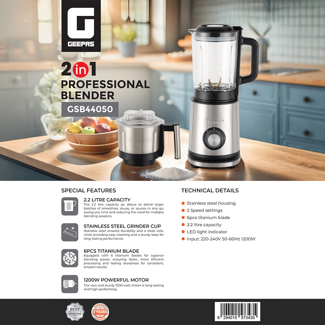 Geepas 2-in-1 Professional Blender- GSB44050/ 1200W/ 2.2 Liter Transparent Jar & Stainless Steel Grinder Attachment/2 Speed Settings/ LED Light Indicator/2 Years Warranty