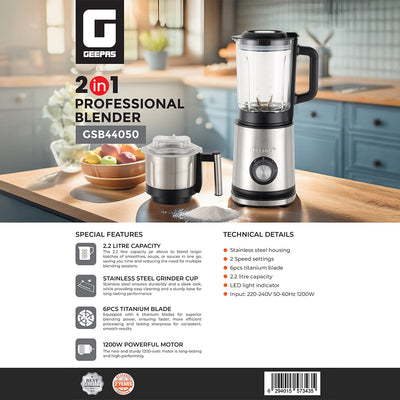 Geepas 2-in-1 Professional Blender- GSB44050/ 1200W/ 2.2 Liter Transparent Jar & Stainless Steel Grinder Attachment/2 Speed Settings/ LED Light Indicator/2 Years Warranty