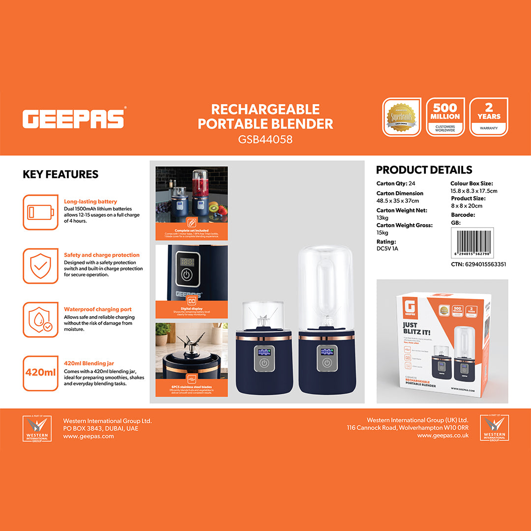 Geepas GSB44058 Rechargeable Portable Blender | 420ml USB Smoothie Blender c Powerful 150W Motor | Digital Battery Display  | USB Type-C Charging | One-Touch Operation