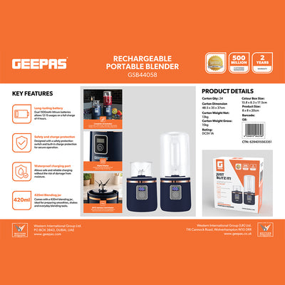 Geepas GSB44058 Rechargeable Portable Blender | 420ml USB Smoothie Blender c Powerful 150W Motor | Digital Battery Display  | USB Type-C Charging | One-Touch Operation