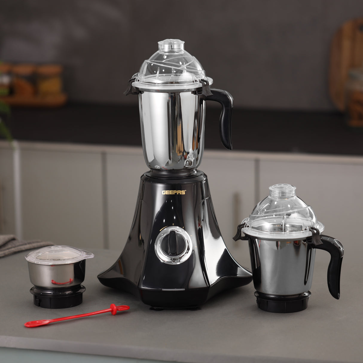 Geepas 3-in-1 Mixer Grinder- GSB44067/ 750W Powerful Motor with Stainless Steel Jars and Blades, Unbreakable Jar Caps, 3 Jar with 3 Speed Control/ Black and Silver
