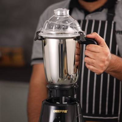 Geepas 3-in-1 Mixer Grinder- GSB44067/ 750W Powerful Motor with Stainless Steel Jars and Blades, Unbreakable Jar Caps, 3 Jar with 3 Speed Control/ Black and Silver