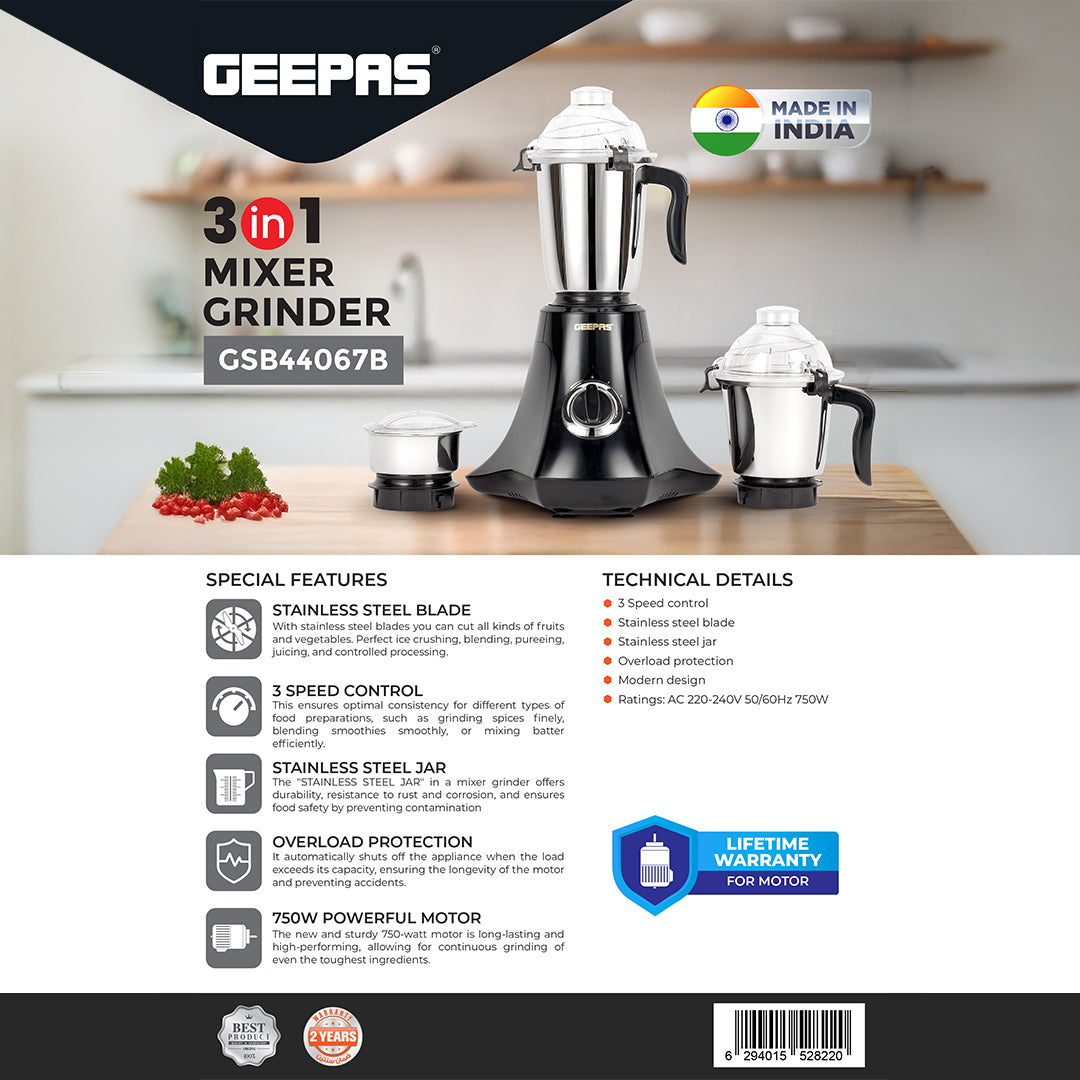 Geepas 3-in-1 Mixer Grinder- GSB44067/ 750W Powerful Motor with Stainless Steel Jars and Blades, Unbreakable Jar Caps, 3 Jar with 3 Speed Control/ Black and Silver