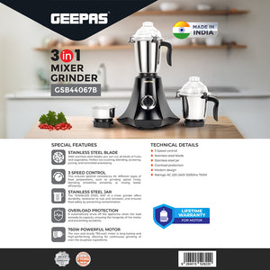 Geepas 3-in-1 Mixer Grinder- GSB44067/ 750W Powerful Motor with Stainless Steel Jars and Blades, Unbreakable Jar Caps, 3 Jar with 3 Speed Control/ Black and Silver