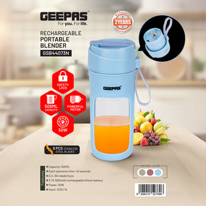 Geepas GSB44073N Rechargeable Portable Blender | 500ml Capacity | 50W | 6 Sharp Stainless Steel Blades | Safety Lock Design | USB Rechargeable Battery | 2-Year Warranty