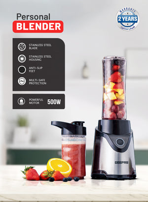 Geepas Personal Blender- GSB44075N| 500W Powerful Motor with 2 Plastic Sport Bottles, 570 ML & 400 ML| Transparent and Unbreakable Bottles with Stainless Steel Blade