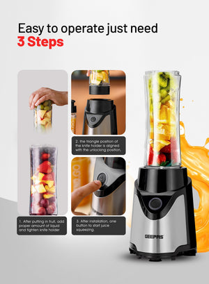 Geepas Personal Blender- GSB44075N| 500W Powerful Motor with 2 Plastic Sport Bottles, 570 ML & 400 ML| Transparent and Unbreakable Bottles with Stainless Steel Blade
