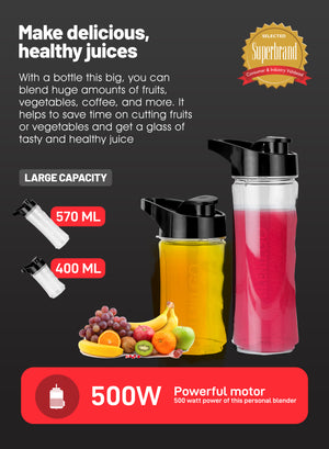 Geepas Personal Blender- GSB44075N| 500W Powerful Motor with 2 Plastic Sport Bottles, 570 ML & 400 ML| Transparent and Unbreakable Bottles with Stainless Steel Blade