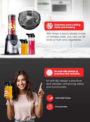 Geepas Personal Blender- GSB44075N| 500W Powerful Motor with 2 Plastic Sport Bottles, 570 ML & 400 ML| Transparent and Unbreakable Bottles with Stainless Steel Blade
