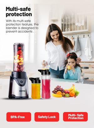 Geepas Personal Blender- GSB44075N| 500W Powerful Motor with 2 Plastic Sport Bottles, 570 ML & 400 ML| Transparent and Unbreakable Bottles with Stainless Steel Blade