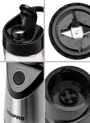 Geepas Personal Blender- GSB44075N| 500W Powerful Motor with 2 Plastic Sport Bottles, 570 ML & 400 ML| Transparent and Unbreakable Bottles with Stainless Steel Blade