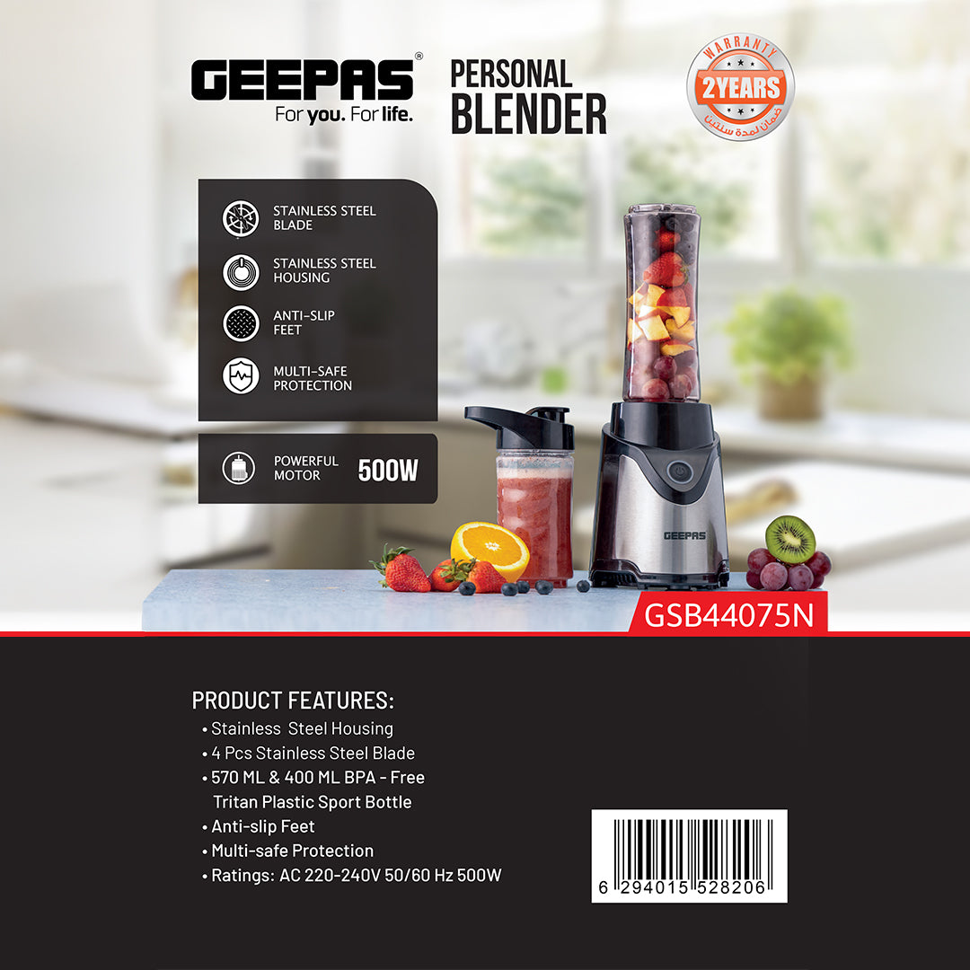 Geepas Personal Blender- GSB44075N| 500W Powerful Motor with 2 Plastic Sport Bottles, 570 ML & 400 ML| Transparent and Unbreakable Bottles with Stainless Steel Blade