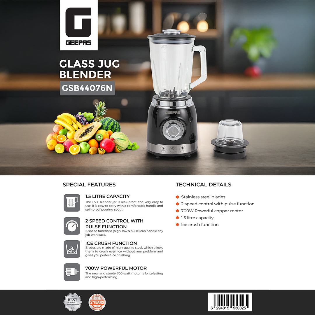 Geepas GSB44076UK Glass Jug Blender | 700W Motor| 1.5L Glass Jar| Ice Crush Function| 2-Year Warranty| Multi-Speed Control| Stainless Steel Blades for Smooth Blending