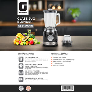 Geepas GSB44076UK Glass Jug Blender | 700W Motor| 1.5L Glass Jar| Ice Crush Function| 2-Year Warranty| Multi-Speed Control| Stainless Steel Blades for Smooth Blending