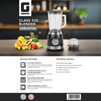 Geepas GSB44076UK Glass Jug Blender | 700W Motor| 1.5L Glass Jar| Ice Crush Function| 2-Year Warranty| Multi-Speed Control| Stainless Steel Blades for Smooth Blending