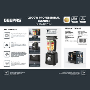 Geepas GSB44078 2000W Professional Blender |2L High-Speed Blender with 5 Speeds | 6-Wing Stainless Steel Blades | Clear Measuring Jar | Overheat Protection |Easy to Clean