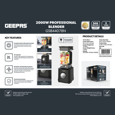 Geepas GSB44078 2000W Professional Blender |2L High-Speed Blender with 5 Speeds | 6-Wing Stainless Steel Blades | Clear Measuring Jar | Overheat Protection |Easy to Clean